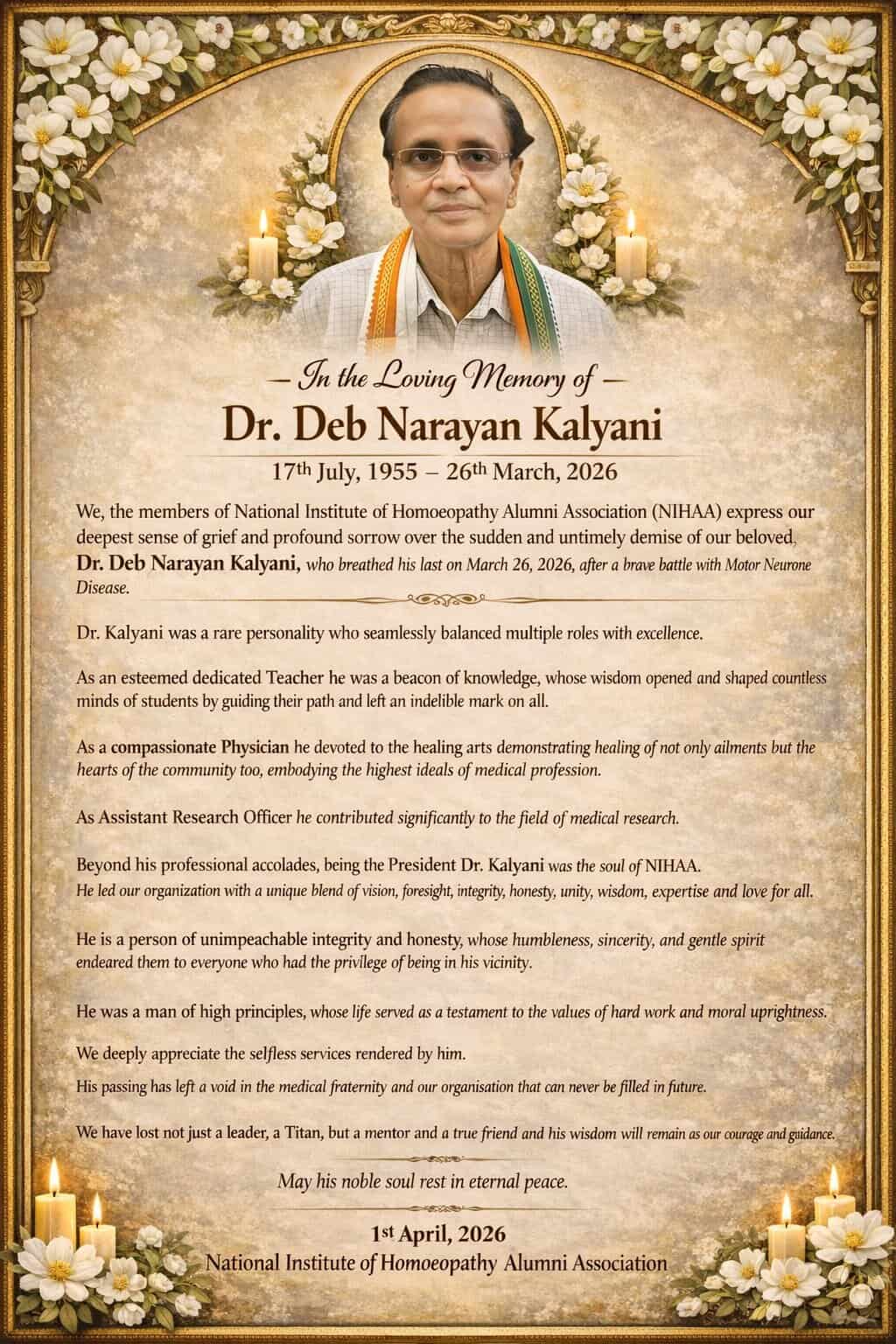 In Loving Memory of Dr. Deb Narayan Kalyani